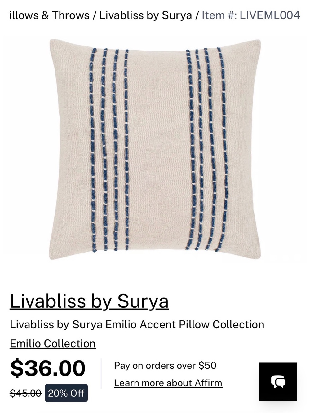 20x20 square beige pillow with navy stitch Livabliss by Surya Emilio Collection